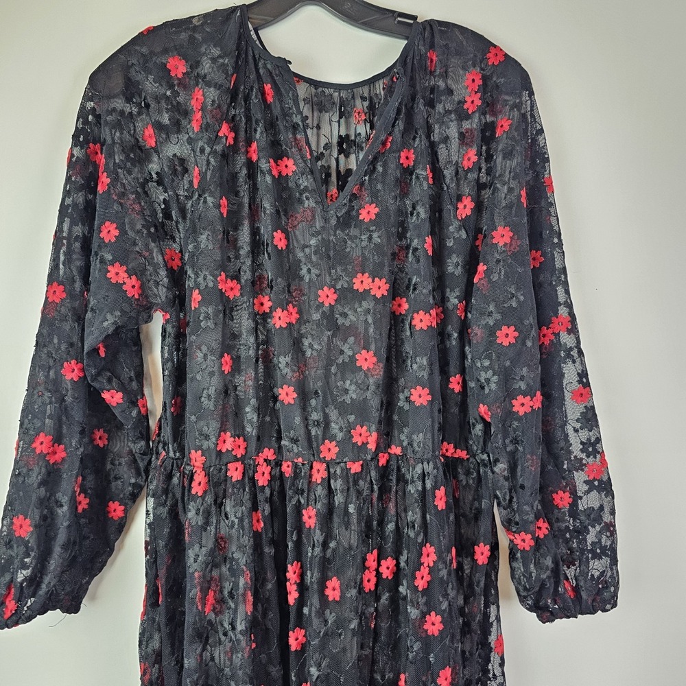 Zara Floral Oversized Long Sleeve Black Red Maxi Dress Sheer Lace Flowers XS - Picture 5 of 8